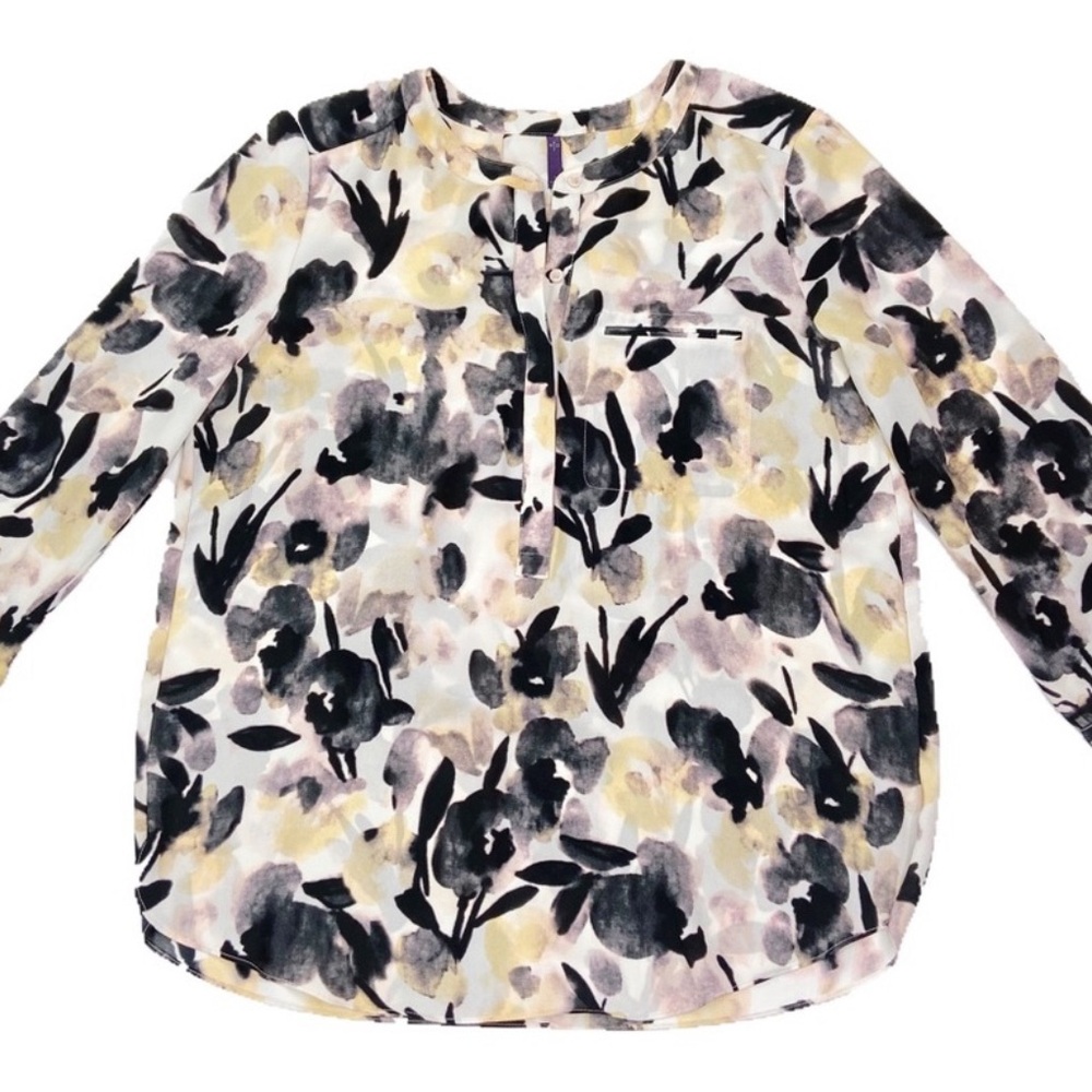 NYDJ Floral Half Button Blouse Pleated Back Size S